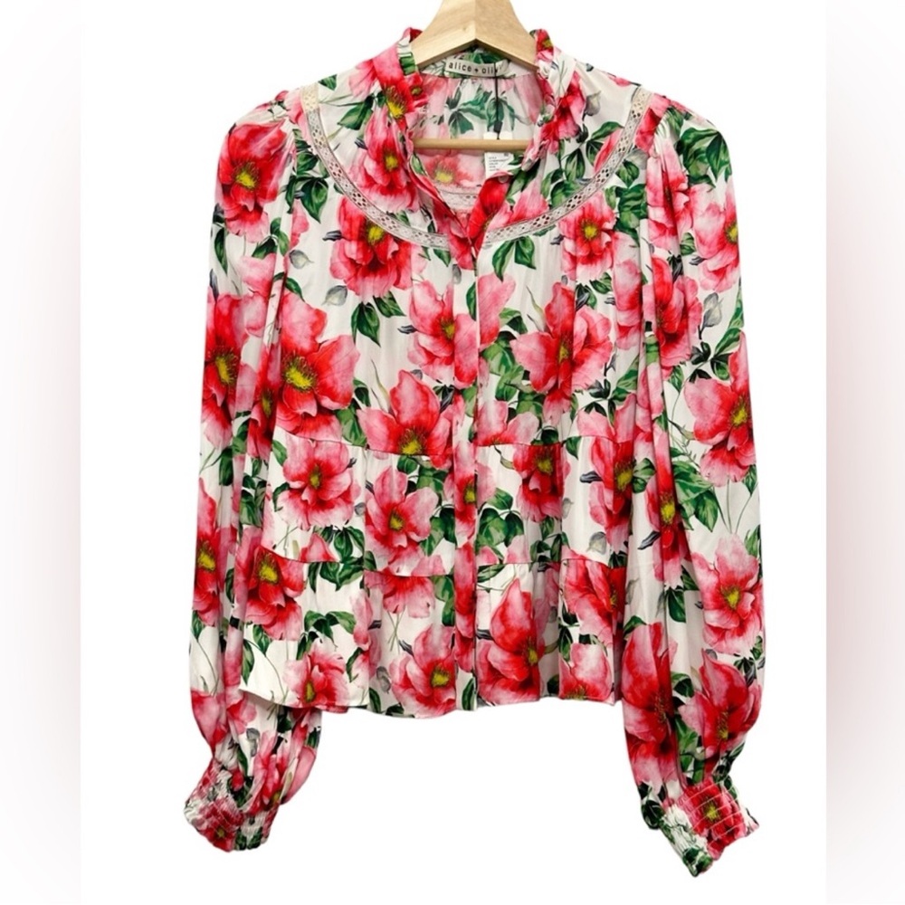 NWT Alice + Olivia Jacelyn Floral Boho Blouson Blouse in Red/White Size XS - Picture 10 of 17